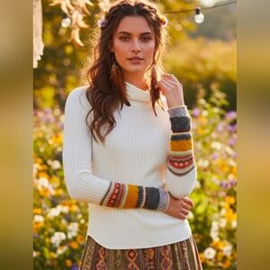 FREE PEOPLE Cozy White Sweater with Colorful BOHO Sleeves
